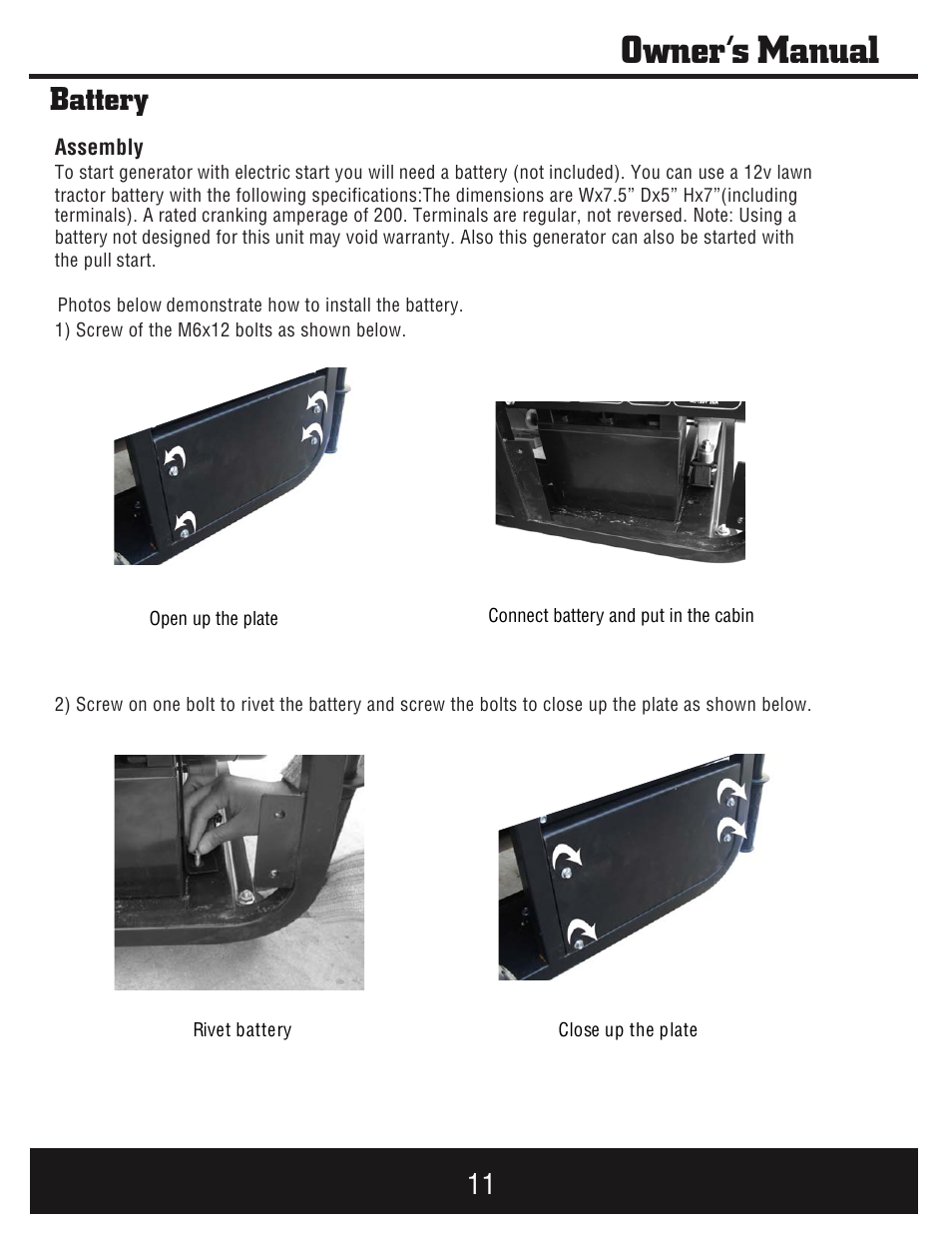 Owner’s manual, Battery | Steele Products SP-GG1000E User Manual | Page 12 / 46