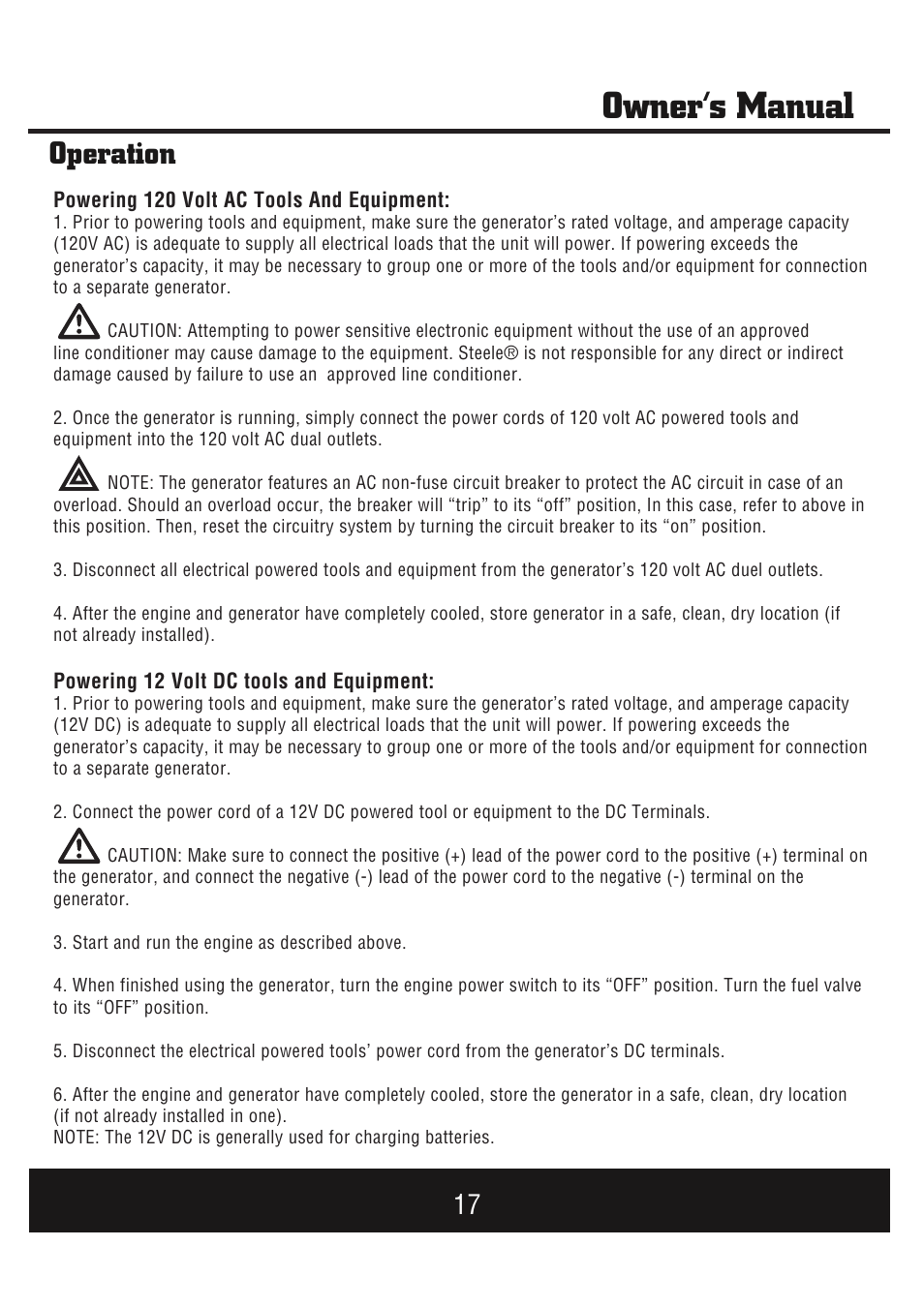 Owner’s manual, Operation | Steele Products SP-GG1000E User Manual | Page 18 / 46