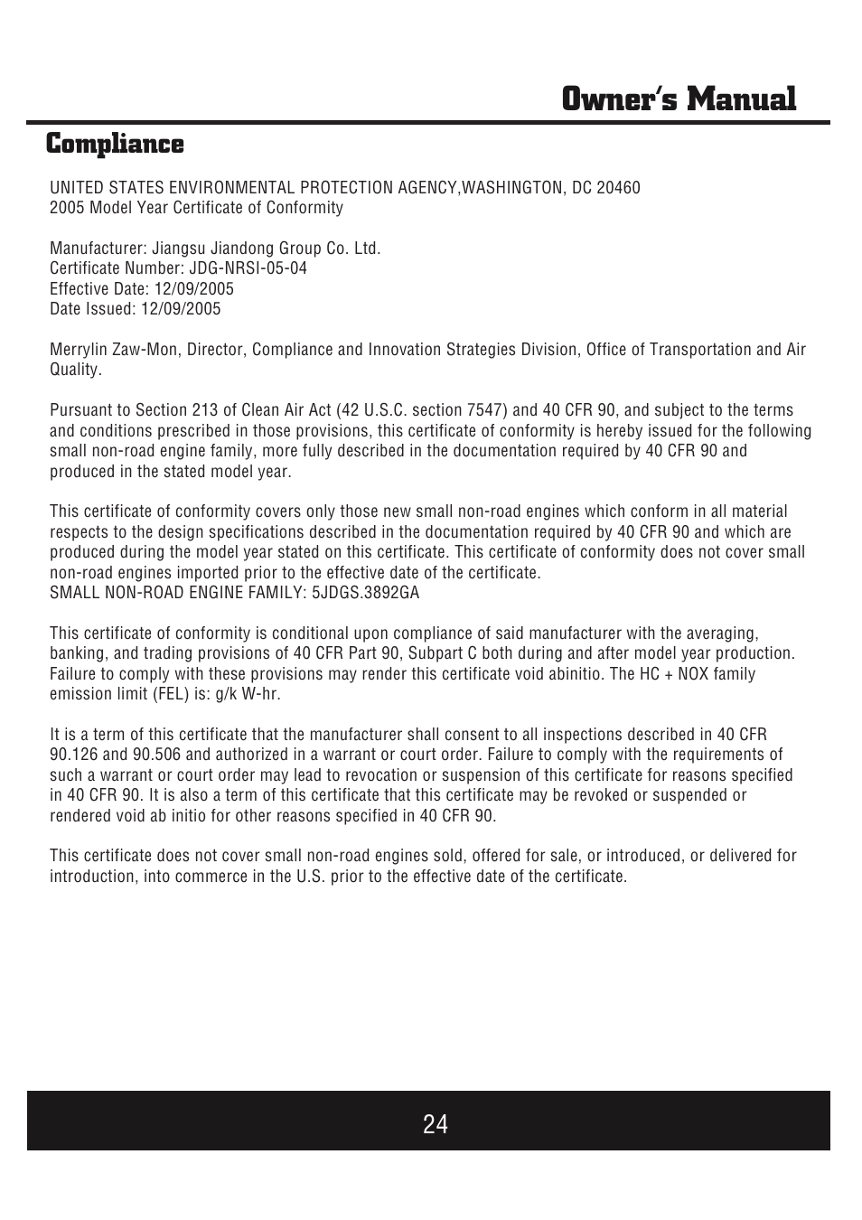 Owner’s manual, Compliance | Steele Products SP-GG1000E User Manual | Page 25 / 46