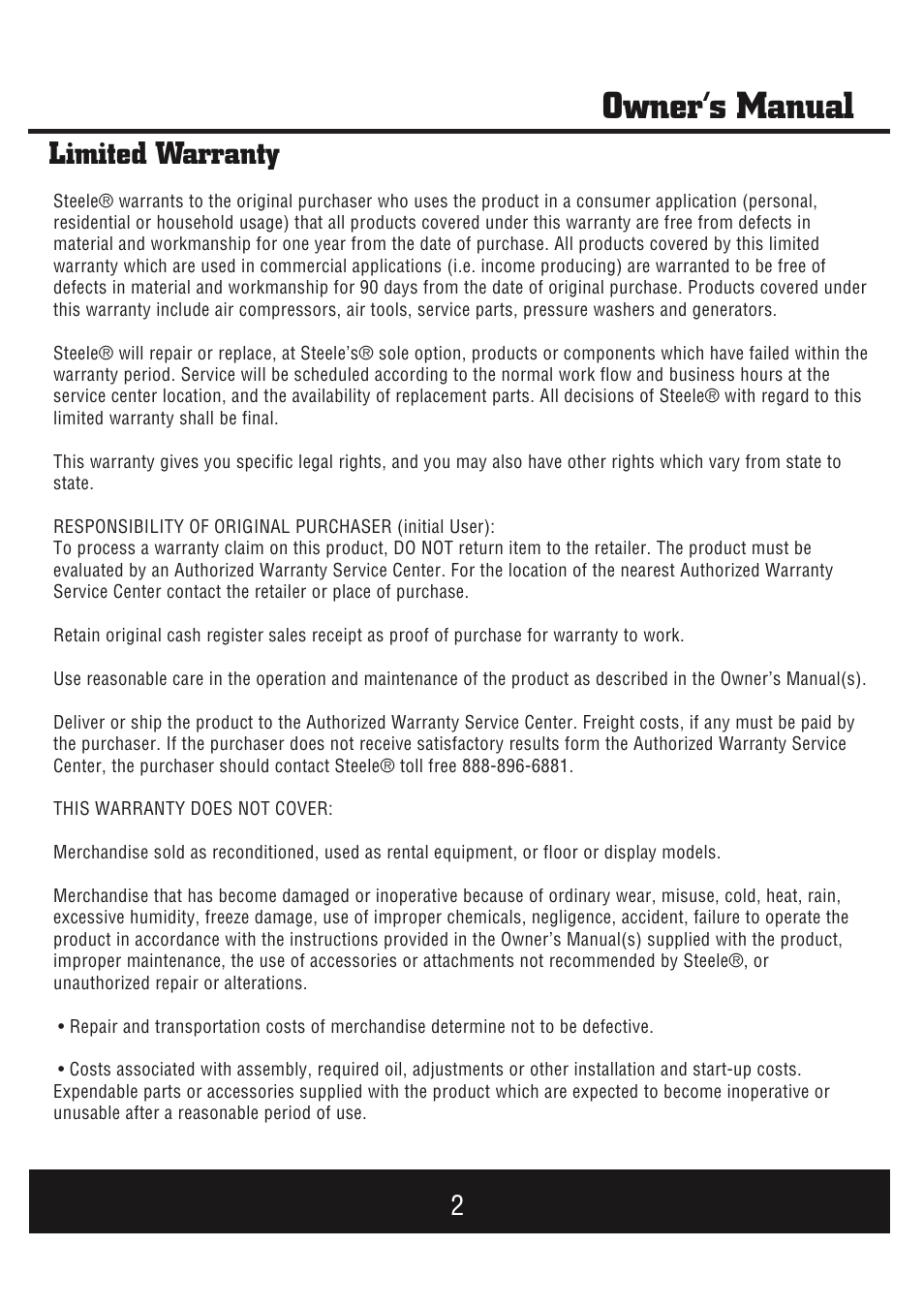 Owner’s manual, Limited warranty | Steele Products SP-GG1000E User Manual | Page 3 / 46