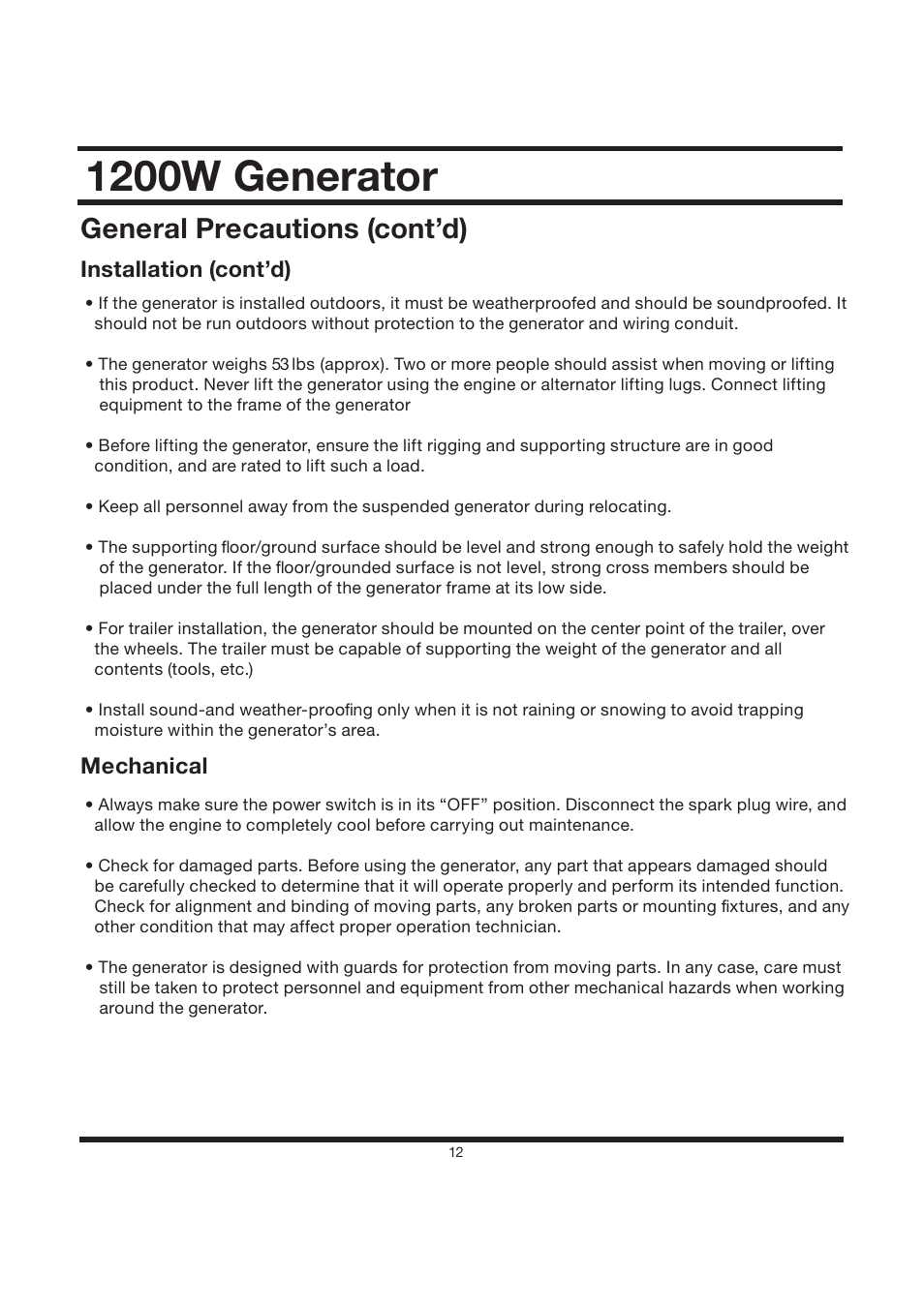 1200w generator, General precautions (cont’d) | Steele Products SP-GG120CM User Manual | Page 13 / 47