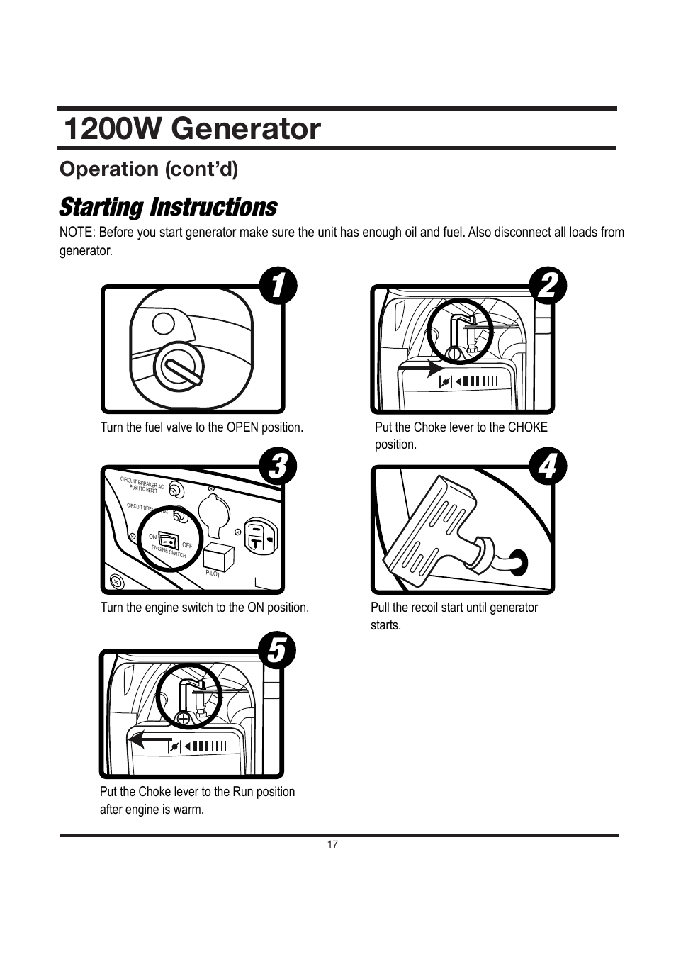 1200w generator, Starting instructions, Operation (cont’d) | Steele Products SP-GG120CM User Manual | Page 18 / 47