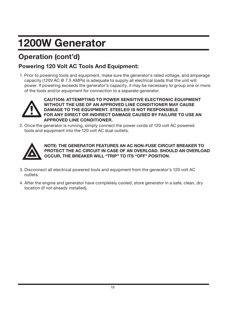 1200w generator, Operation (cont’d), Powering 120 volt ac tools and equipment | Steele Products SP-GG120CM User Manual | Page 20 / 47