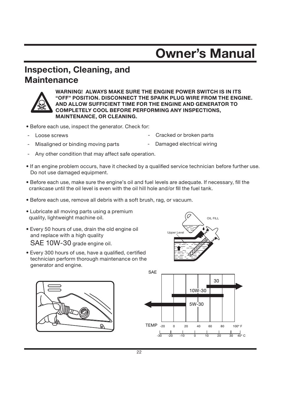 Owner’s manual, Inspection, cleaning, and maintenance, Sae 10w-30 | Steele Products SP-GG120CM User Manual | Page 23 / 47