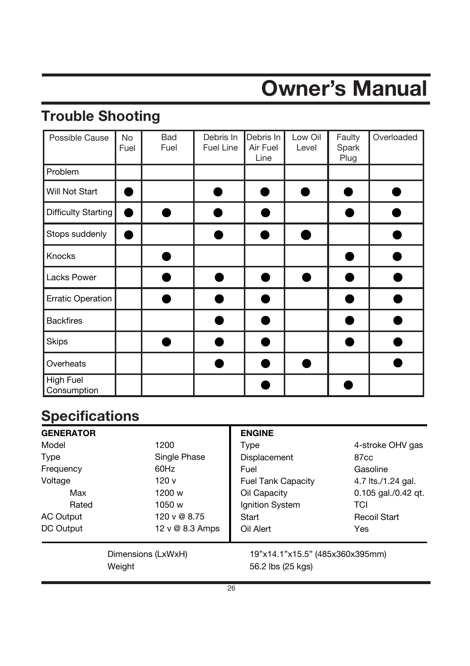 Owner’s manual, Trouble shooting specifications | Steele Products SP-GG120CM User Manual | Page 27 / 47