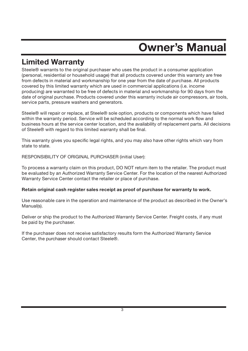 Owner’s manual, Limited warranty | Steele Products SP-GG120CM User Manual | Page 4 / 47