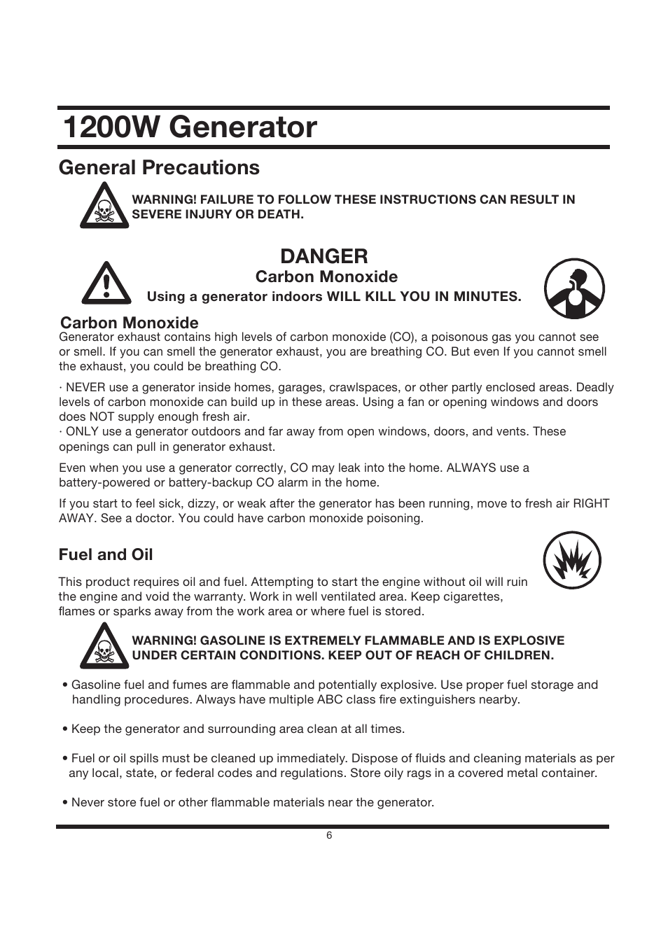 1200w generator, General precautions, Danger | Steele Products SP-GG120CM User Manual | Page 7 / 47