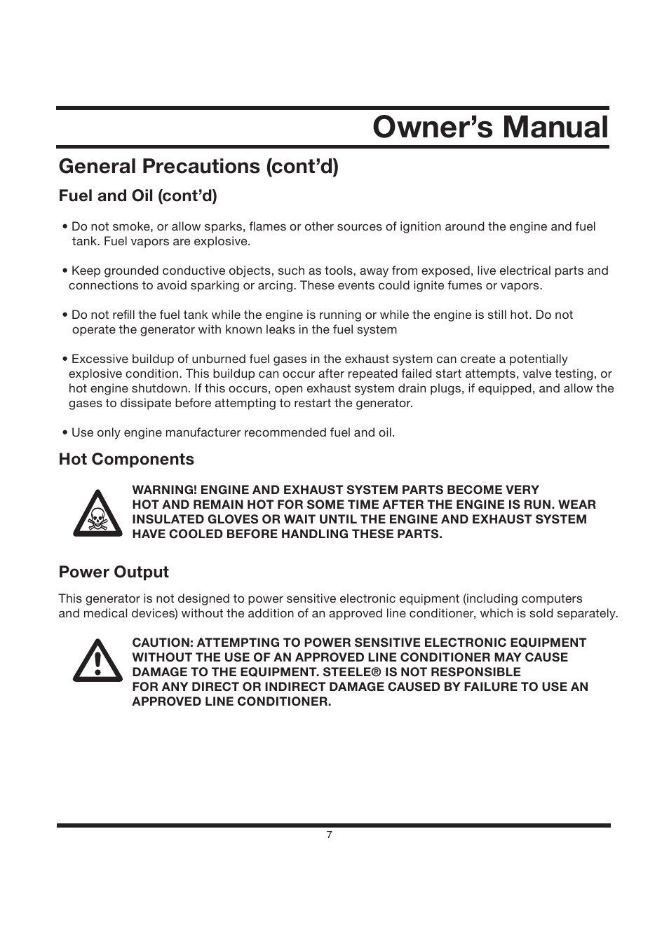 Owner’s manual, General precautions (cont’d), Fuel and oil (cont’d) | Hot components, Power output | Steele Products SP-GG120CM User Manual | Page 8 / 47