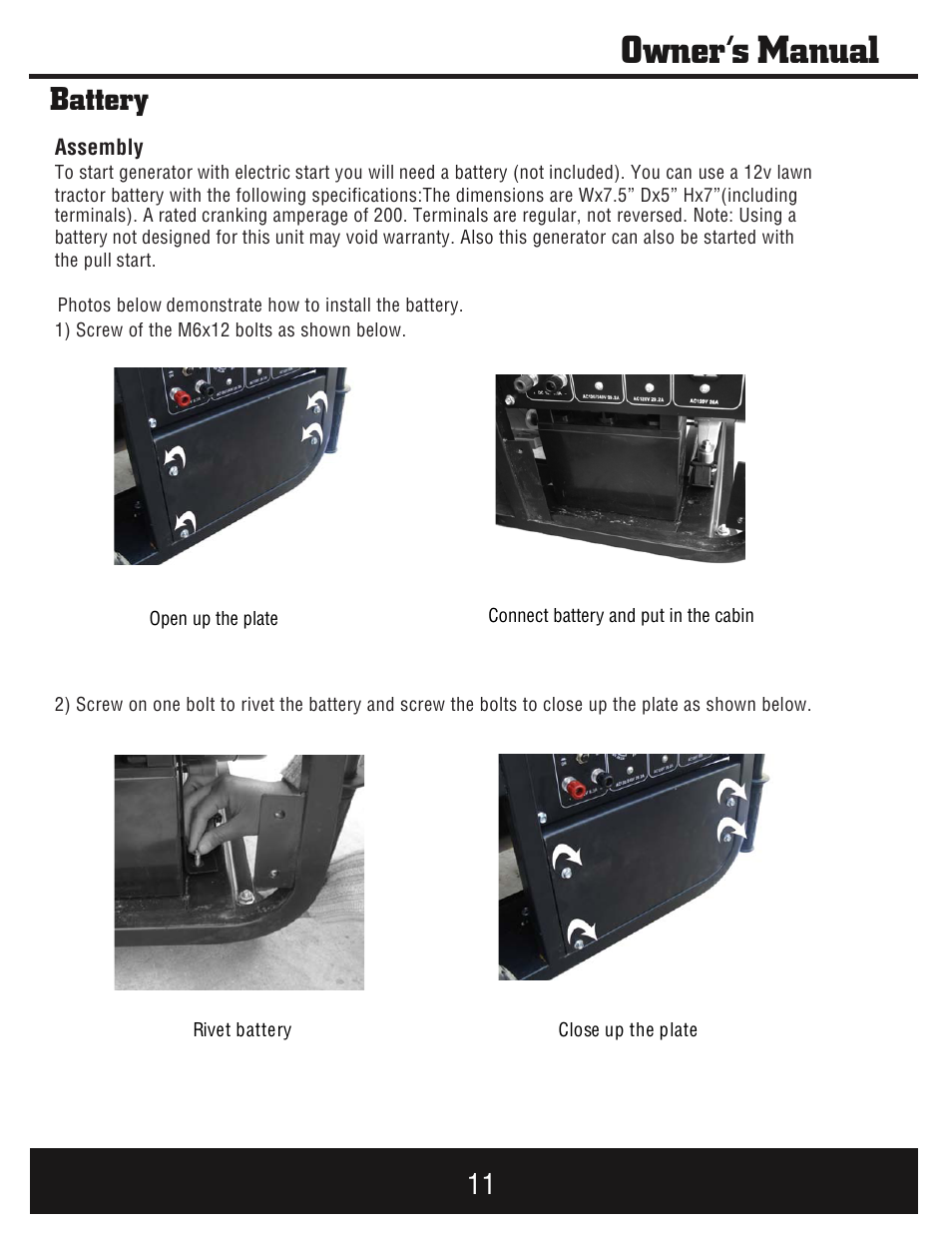 Owner’s manual, Battery | Steele Products SP-GG900E User Manual | Page 12 / 43