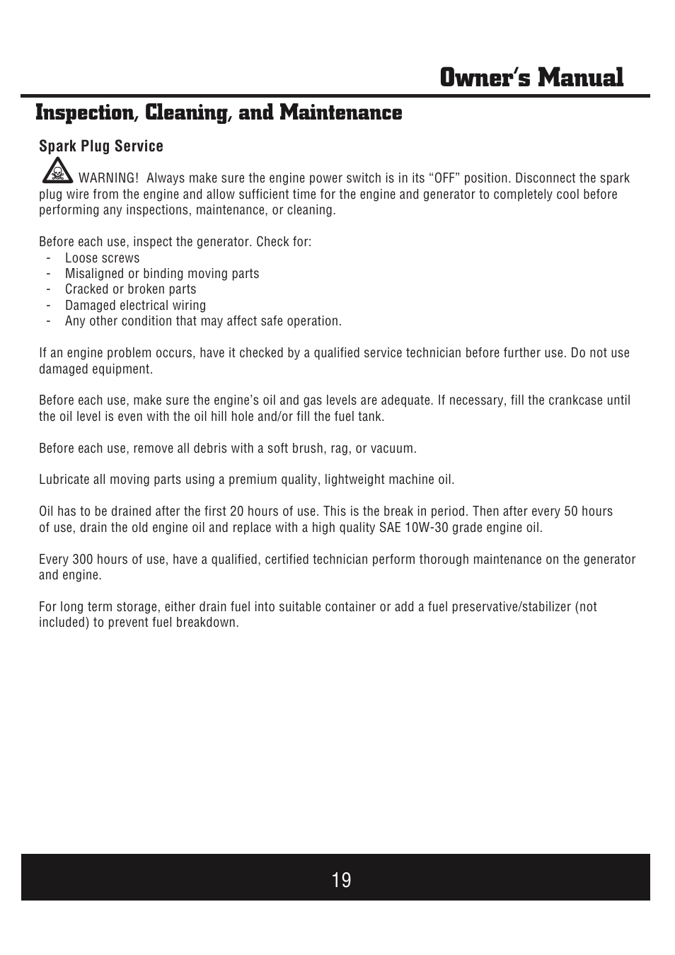 Owner’s manual, Inspection, cleaning, and maintenance | Steele Products SP-GG900E User Manual | Page 20 / 43