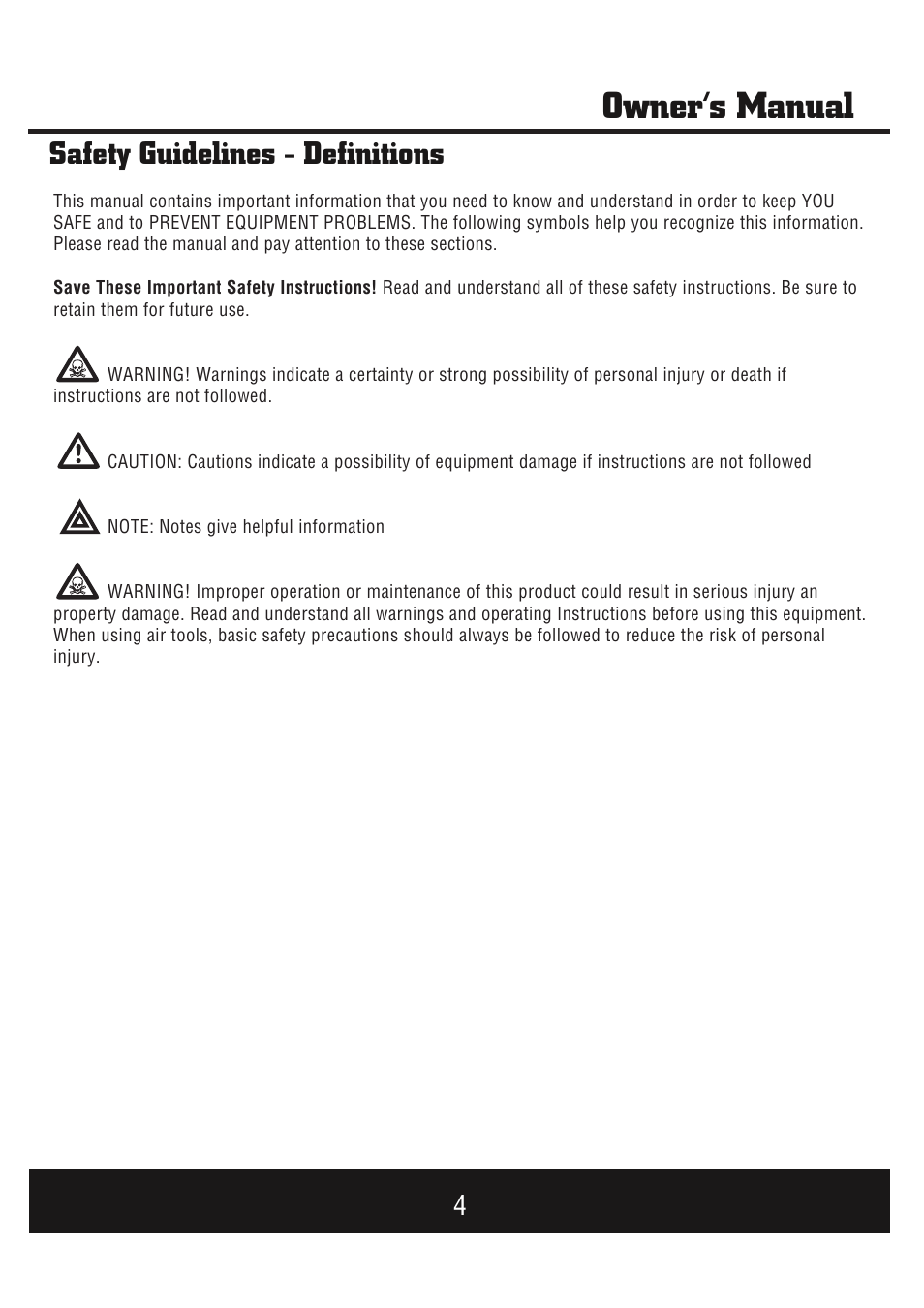Owner’s manual, Safety guidelines - definitions | Steele Products SP-GG900E User Manual | Page 5 / 43