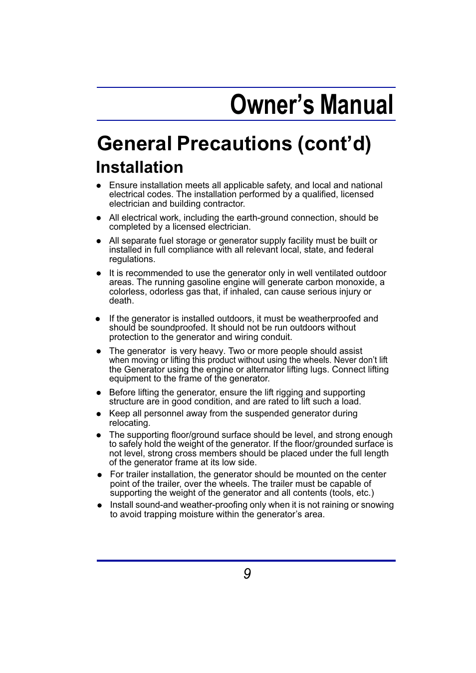 Owner’s manual, General precautions (cont’d), Installation | Steele Products SP-GG350 User Manual | Page 10 / 56