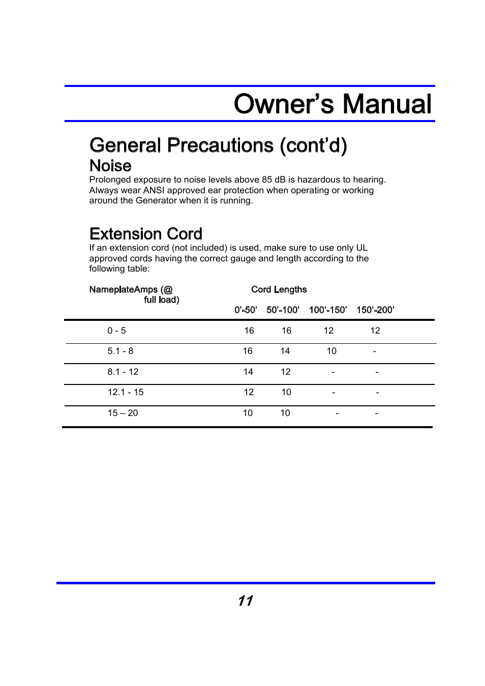 Owner’s manual, General precautions (cont’d), Noise | Extension cord | Steele Products SP-GG350 User Manual | Page 12 / 56