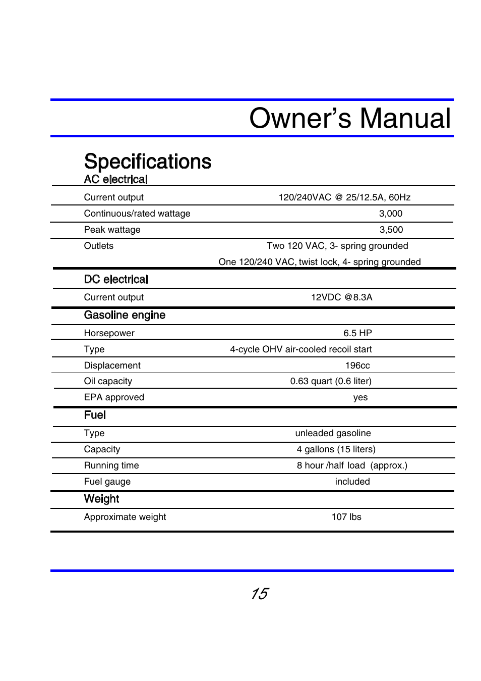 Owner’s manual, Specifications | Steele Products SP-GG350 User Manual | Page 16 / 56