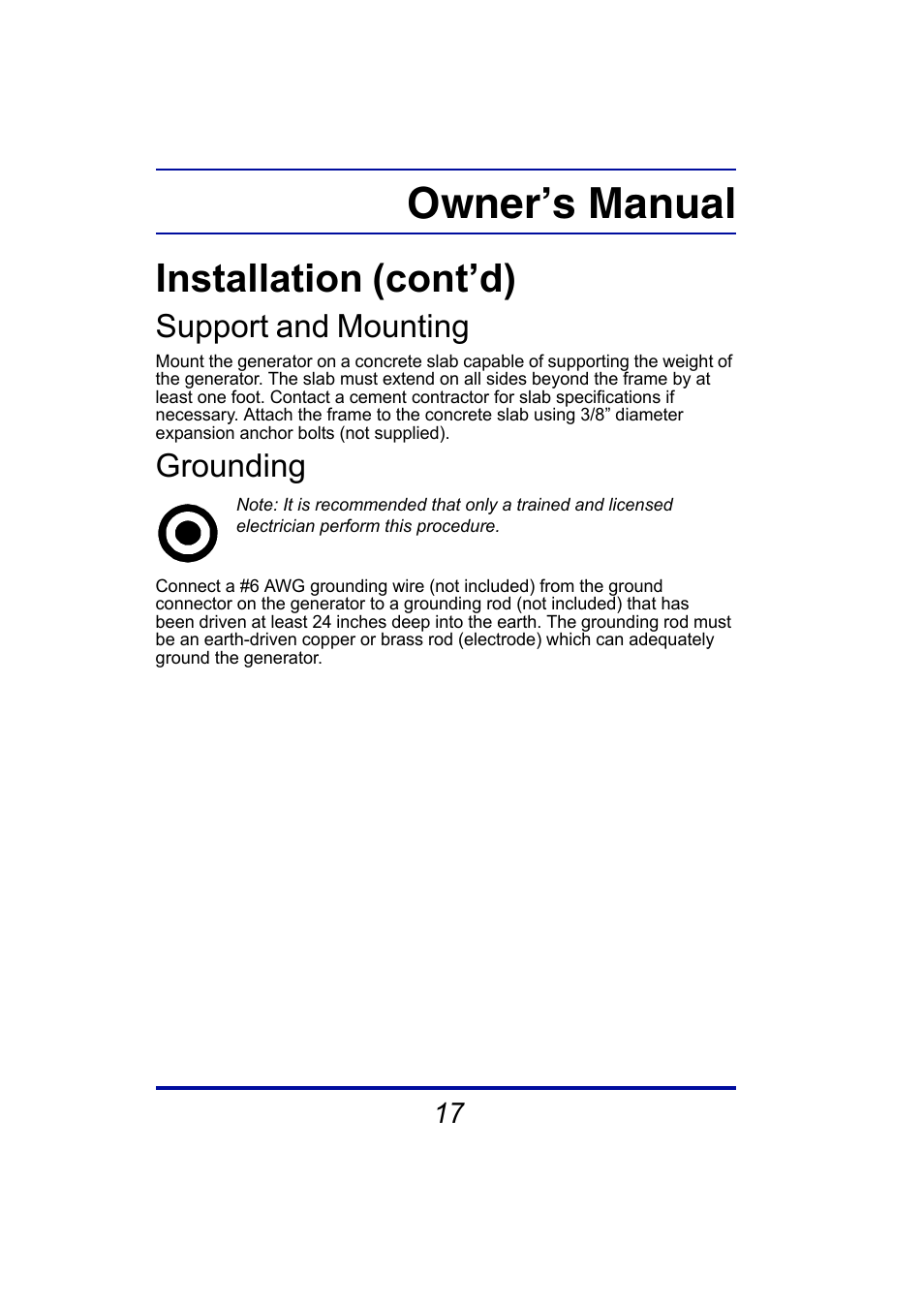 Owner’s manual, Installation (cont’d), Support and mounting | Grounding | Steele Products SP-GG350 User Manual | Page 18 / 56