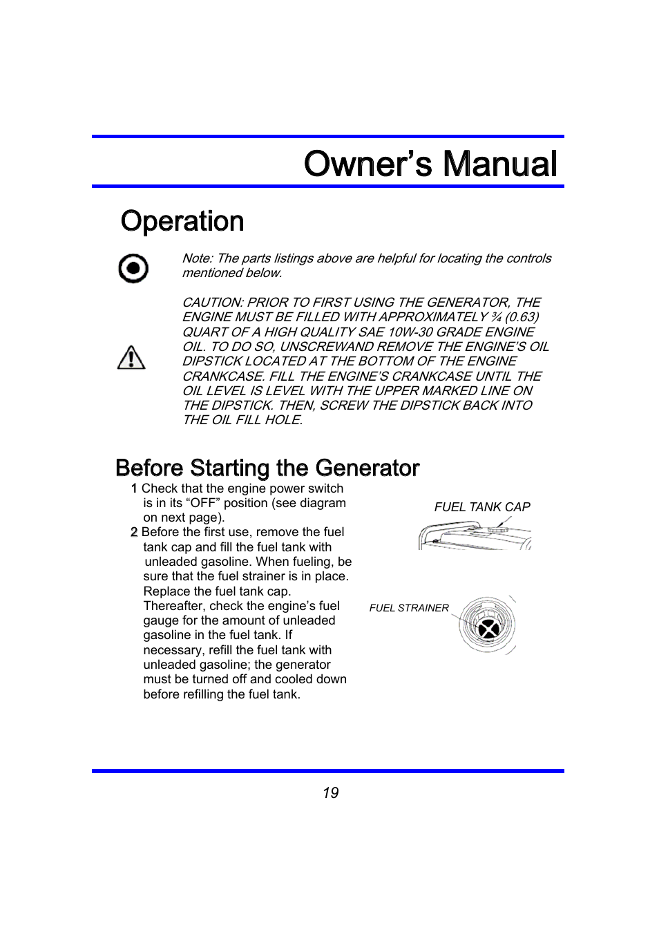 Owner’s manual, Operation, Before starting the generator | Steele Products SP-GG350 User Manual | Page 20 / 56