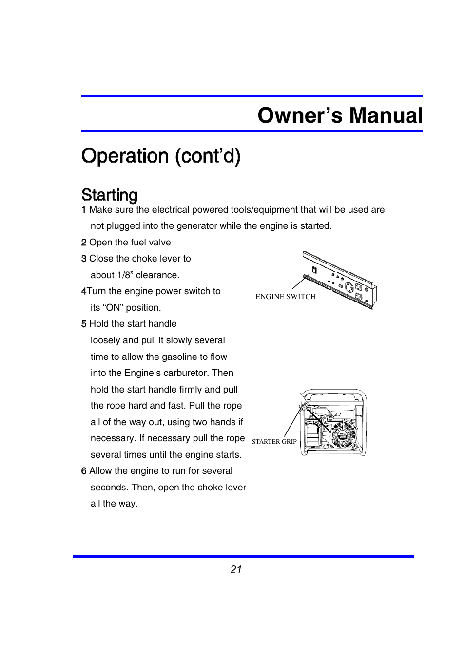 Owner’s manual, Operation (contt’d), Starting | Steele Products SP-GG350 User Manual | Page 22 / 56