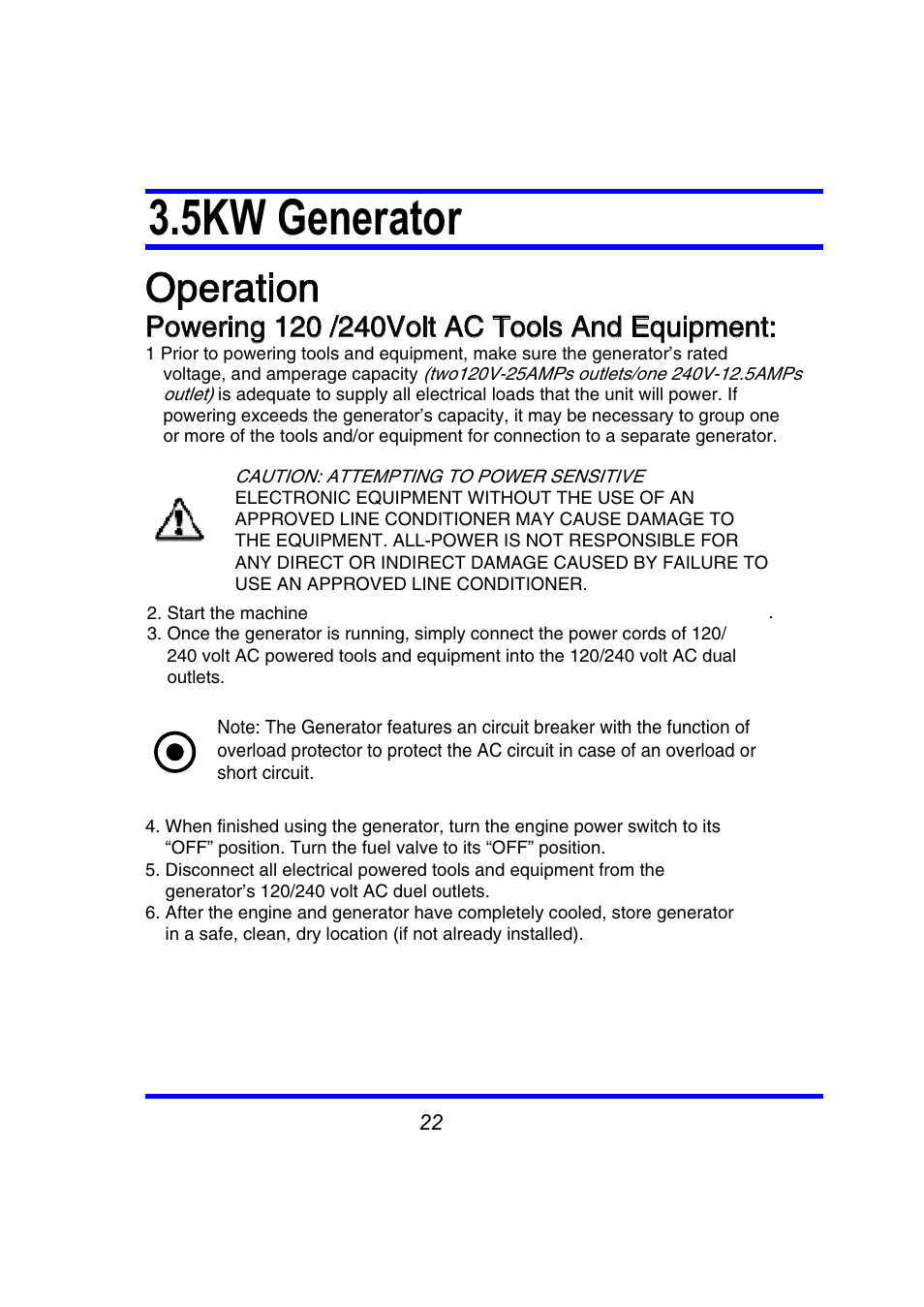 5kw generator, Operation | Steele Products SP-GG350 User Manual | Page 23 / 56