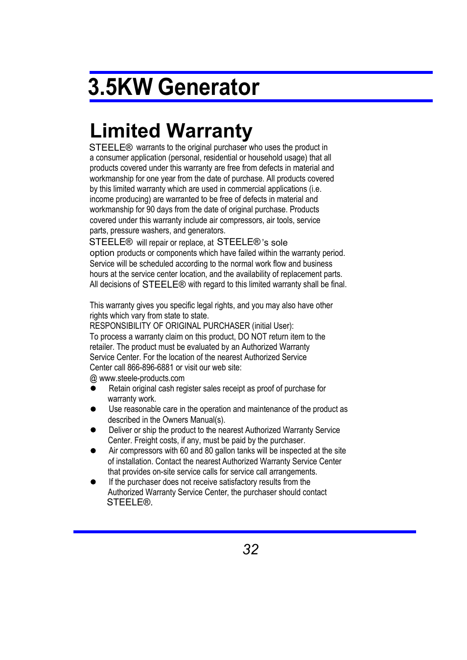 5kw generator, Limited warranty | Steele Products SP-GG350 User Manual | Page 33 / 56