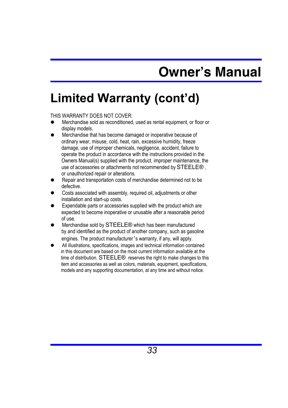 Owner’s manual, Limited warranty (cont’d) | Steele Products SP-GG350 User Manual | Page 34 / 56