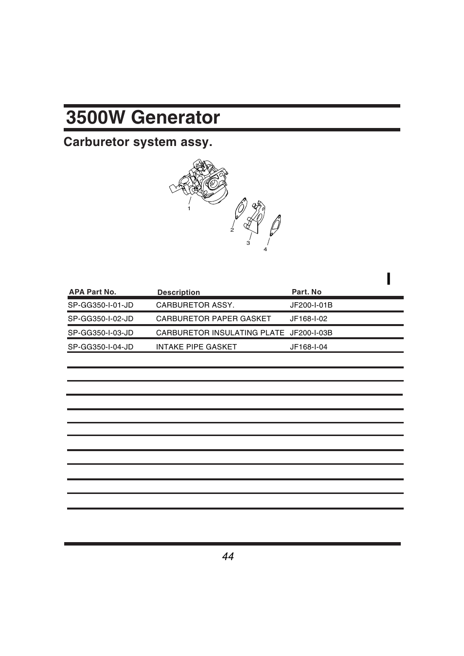 3500w generator, Carburetor system assy | Steele Products SP-GG350 User Manual | Page 45 / 56