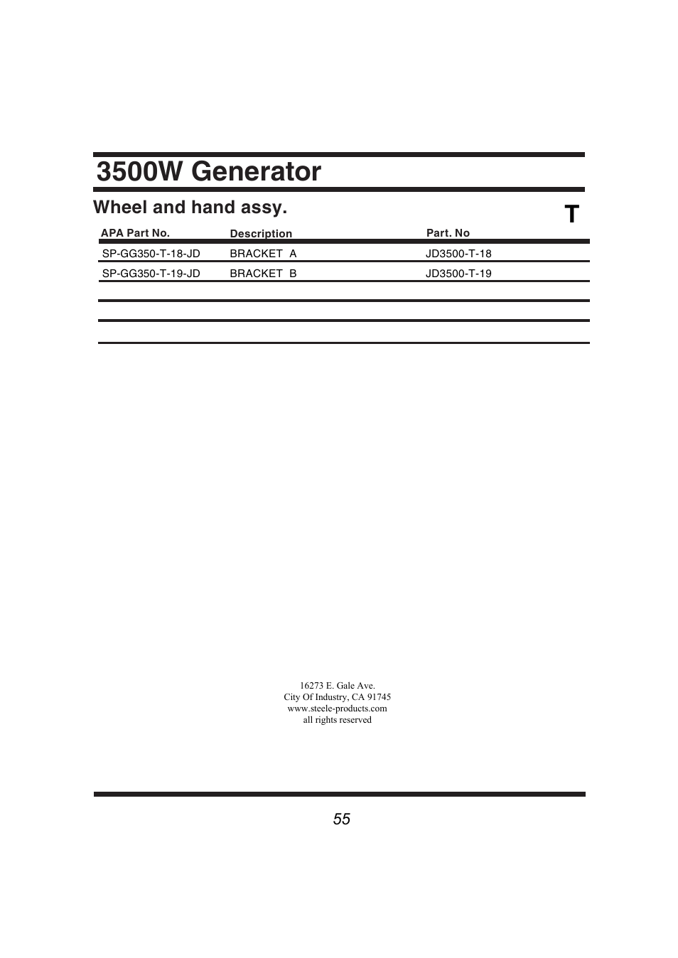 3500w generator, Wheel and hand assy | Steele Products SP-GG350 User Manual | Page 56 / 56
