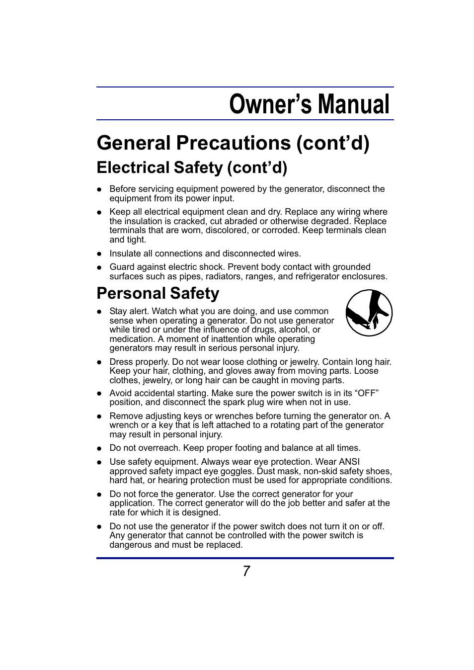 Owner’s manual, General precautions (cont’d), Electrical safety (cont’d) | Personal safety | Steele Products SP-GG350 User Manual | Page 8 / 56