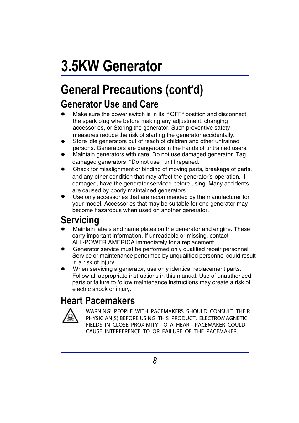 5kw generator, General precautions (cont ’ d), Generator use and care | Servicing, Heart pacemakers | Steele Products SP-GG350 User Manual | Page 9 / 56