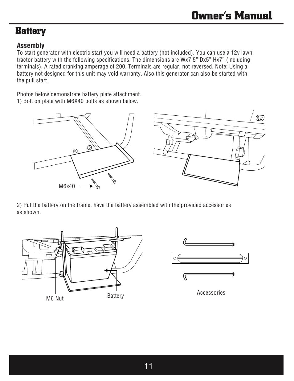 Owner’s manual, Battery | Steele Products SP-GG750E User Manual | Page 12 / 43