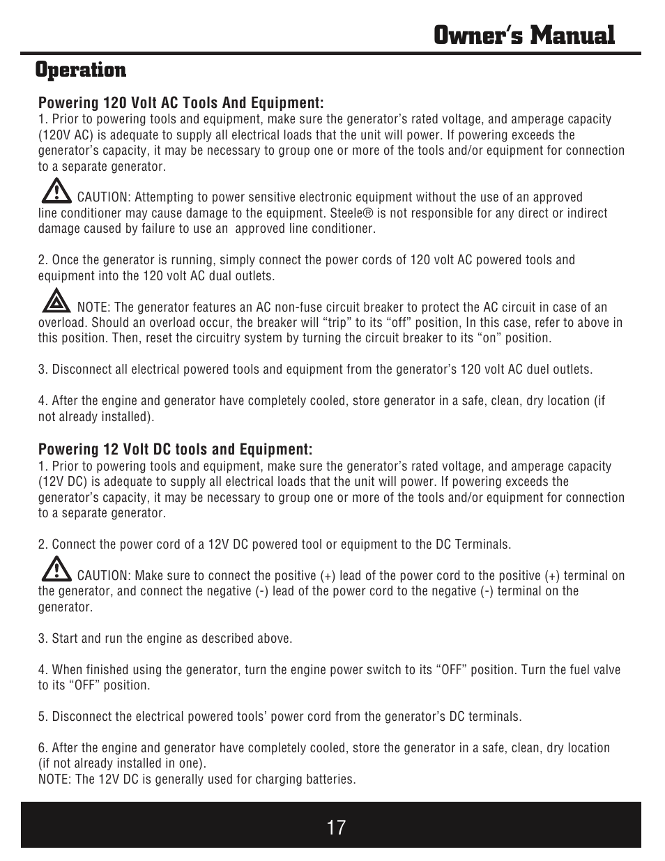 Owner’s manual, Operation | Steele Products SP-GG750E User Manual | Page 18 / 43