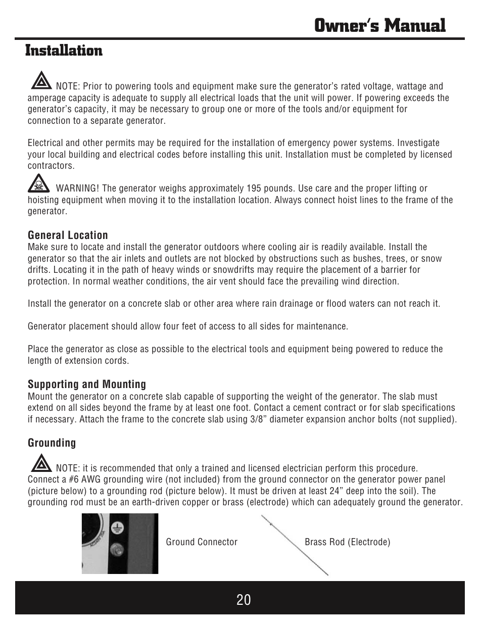 Owner’s manual, Installation | Steele Products SP-GG750E User Manual | Page 21 / 43