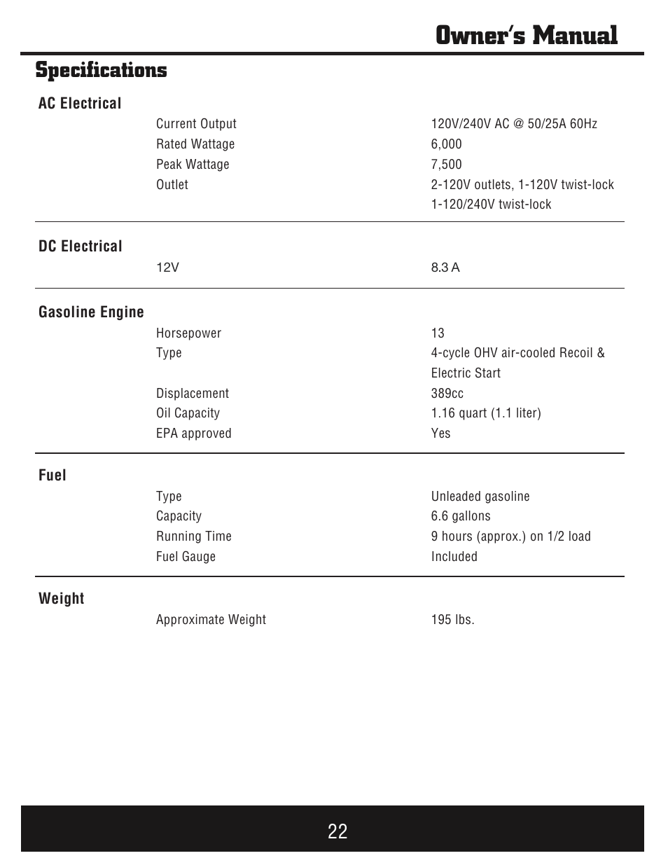 Owner’s manual, Specifications | Steele Products SP-GG750E User Manual | Page 23 / 43