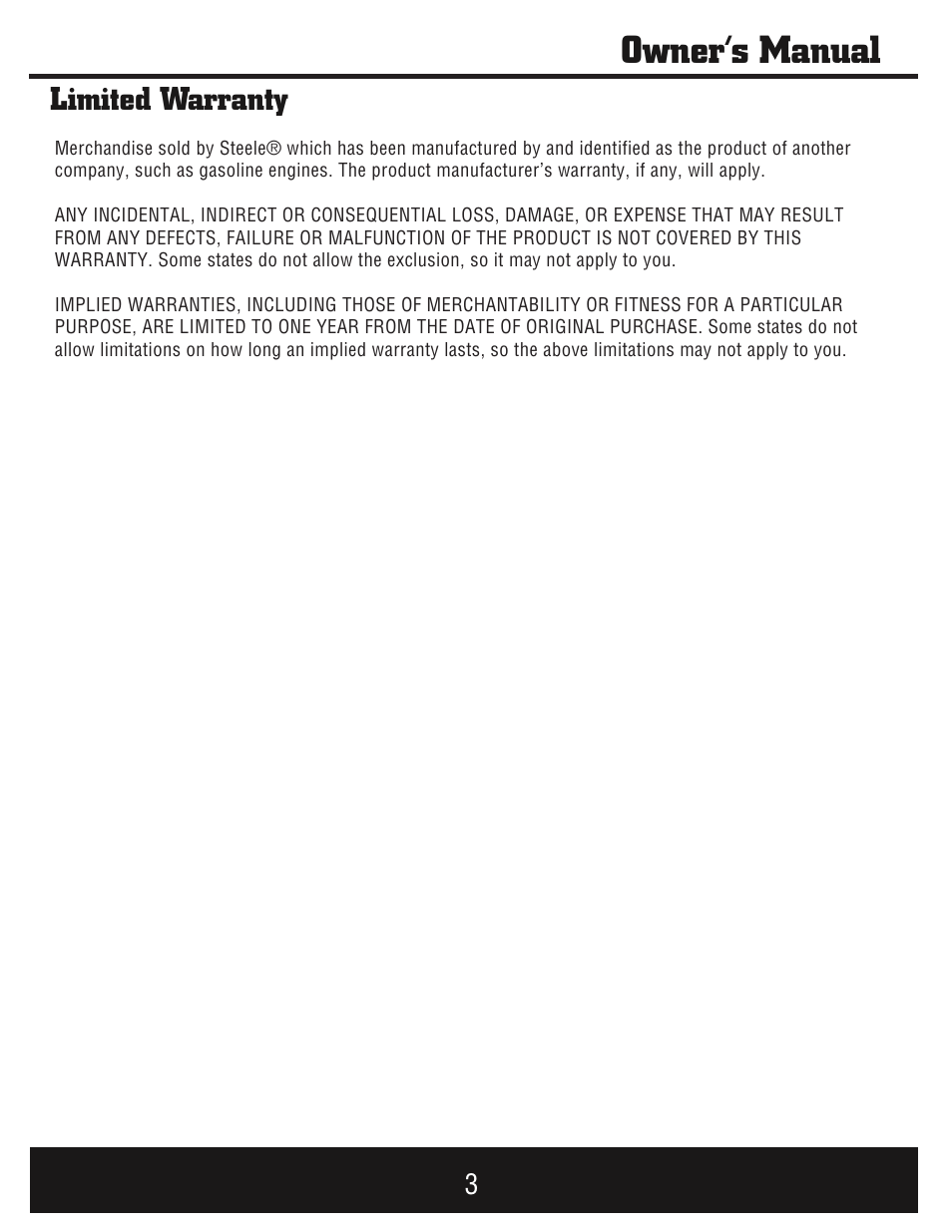 Owner’s manual, Limited warranty | Steele Products SP-GG750E User Manual | Page 4 / 43