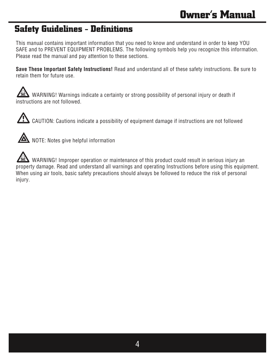 Owner’s manual, Safety guidelines - definitions | Steele Products SP-GG750E User Manual | Page 5 / 43