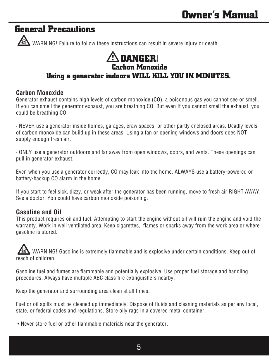 Owner’s manual, General precautions, Danger | Steele Products SP-GG750E User Manual | Page 6 / 43