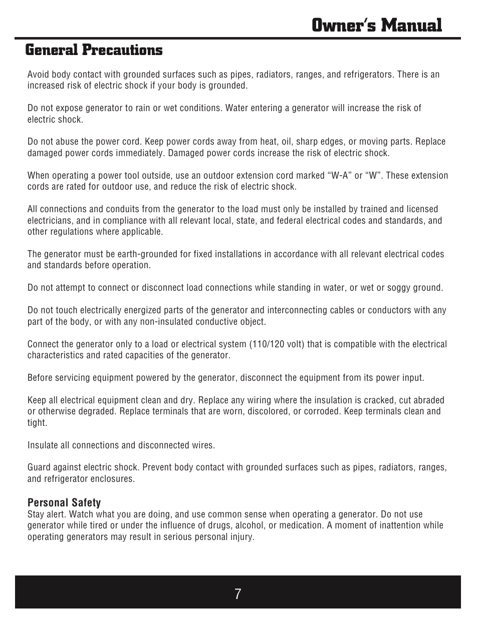 Owner’s manual, General precautions | Steele Products SP-GG750E User Manual | Page 8 / 43