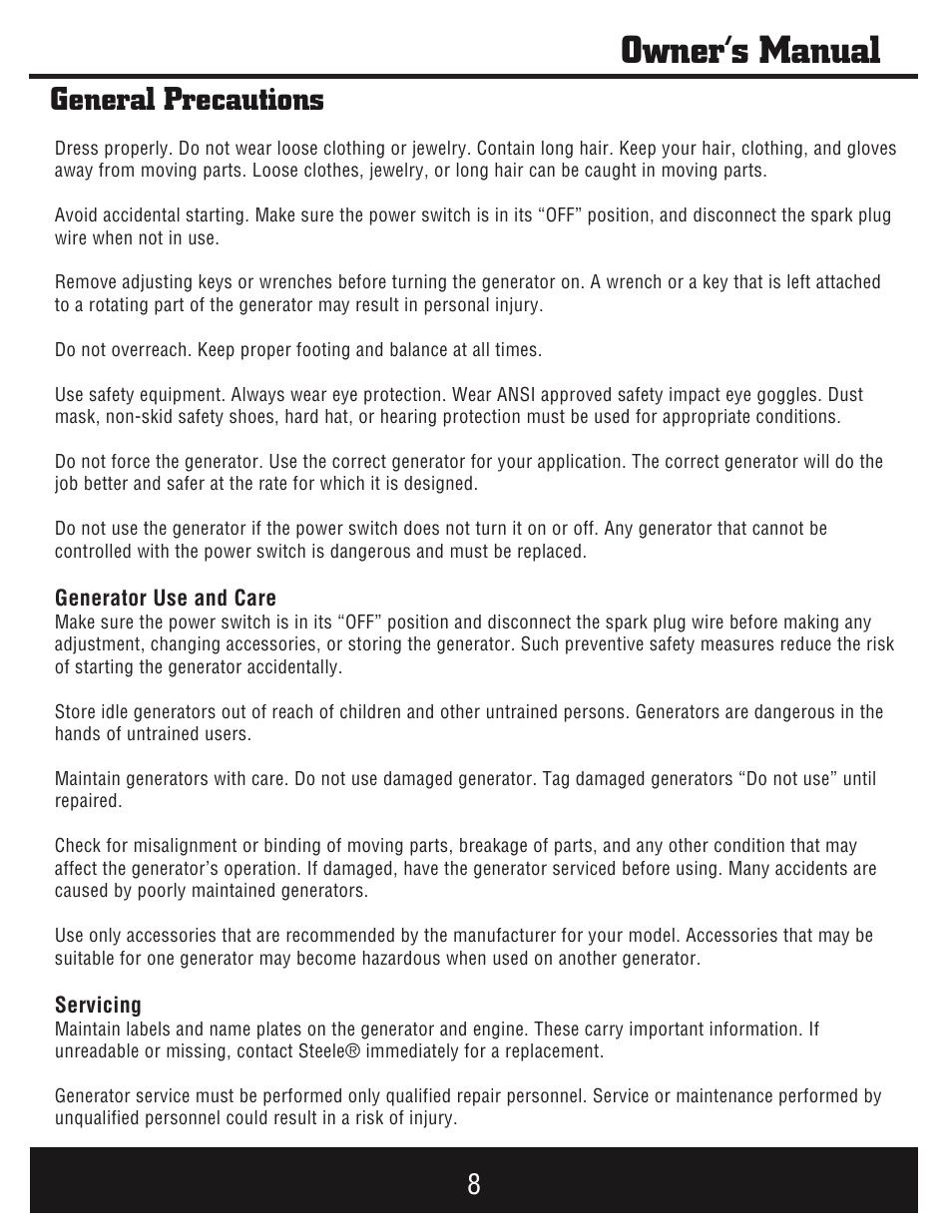Owner’s manual, General precautions | Steele Products SP-GG750E User Manual | Page 9 / 43