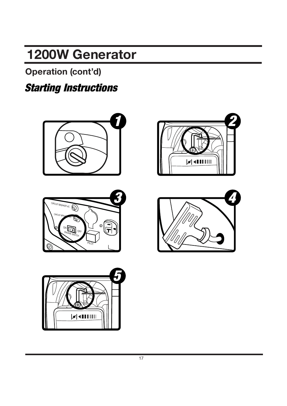 1200w generator, Starting instructions, Operation (cont’d) | Steele Products SP-GG120 User Manual | Page 18 / 47