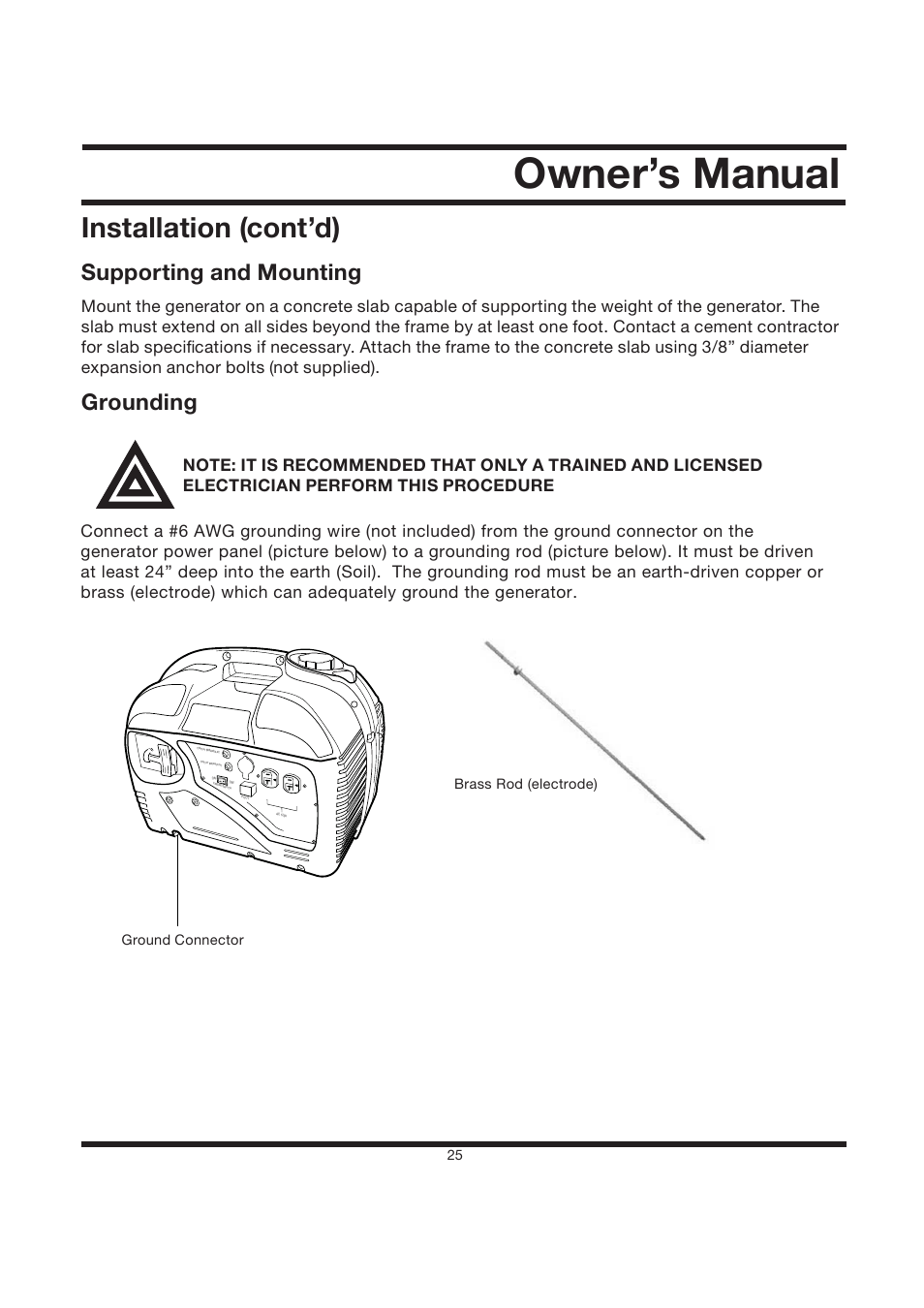 Owner’s manual, Installation (cont’d), Supporting and mounting | Grounding | Steele Products SP-GG120 User Manual | Page 26 / 47