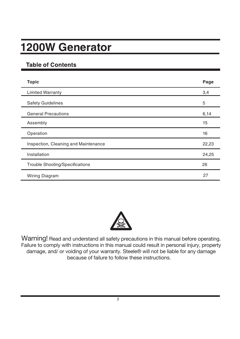 1200w generator, Warning | Steele Products SP-GG120 User Manual | Page 3 / 47
