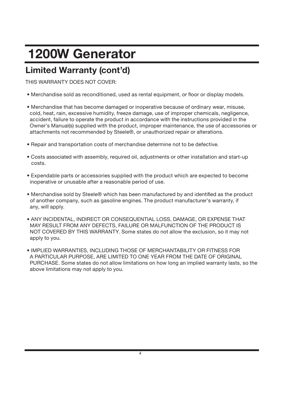 1200w generator, Limited warranty (cont’d) | Steele Products SP-GG120 User Manual | Page 5 / 47