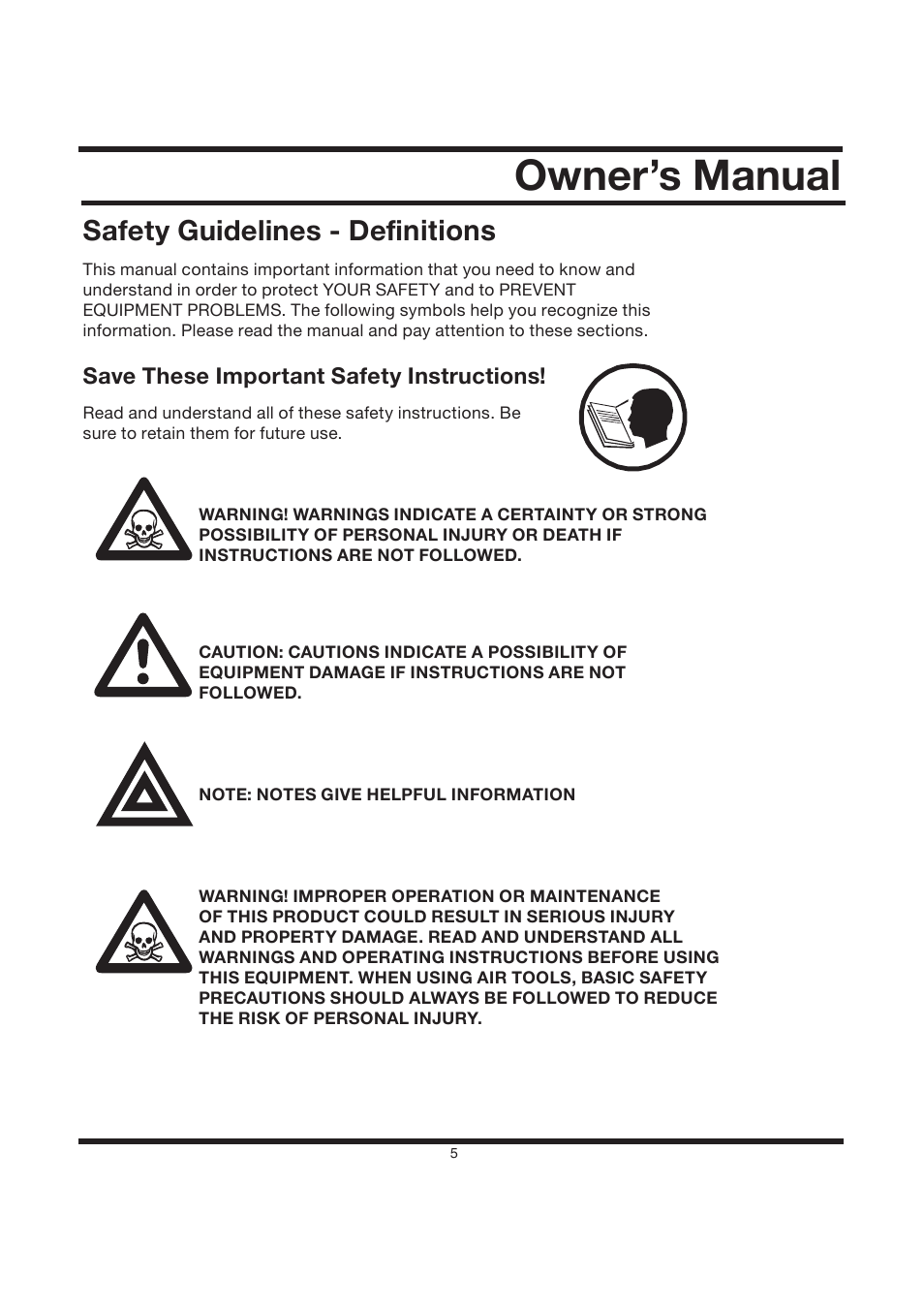 Owner’s manual, Safety guidelines - definitions, Save these important safety instructions | Steele Products SP-GG120 User Manual | Page 6 / 47