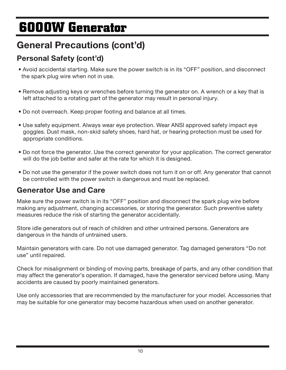General precautions (cont’d), Personal safety (cont’d), Generator use and care | Steele Products SP-GG600 User Manual | Page 10 / 48