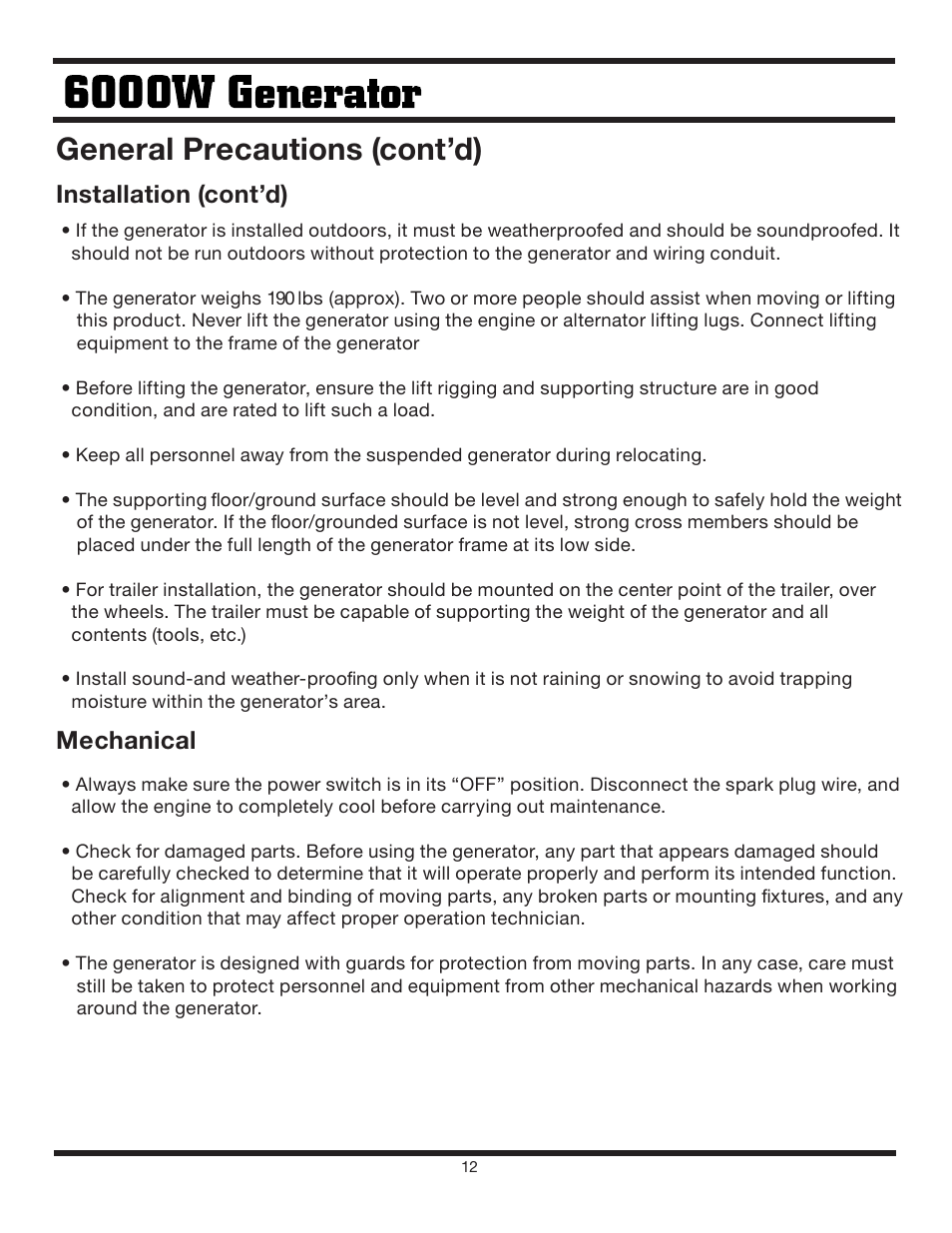 General precautions (cont’d), Installation (cont’d), Mechanical | Steele Products SP-GG600 User Manual | Page 12 / 48