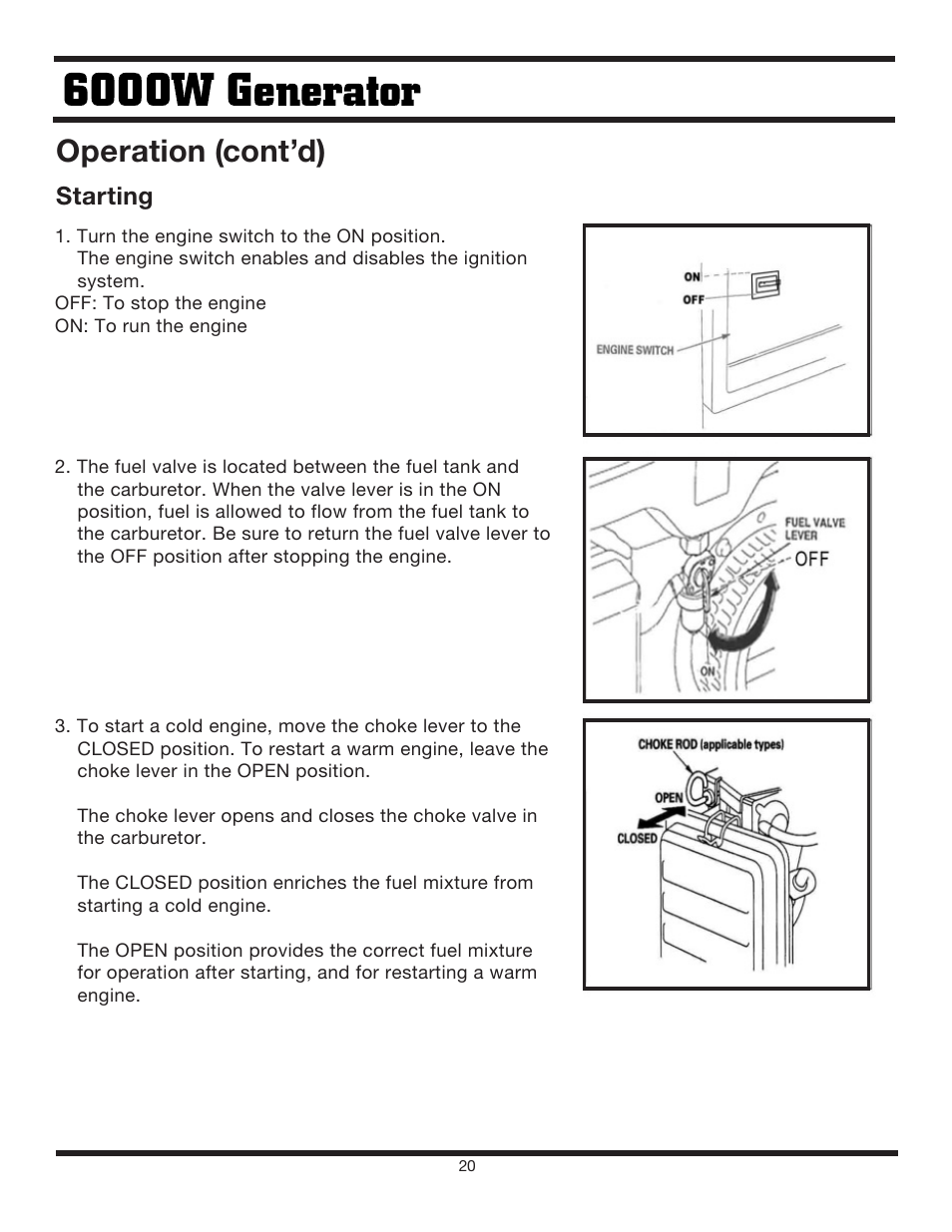 Operation (cont’d), Starting | Steele Products SP-GG600 User Manual | Page 20 / 48