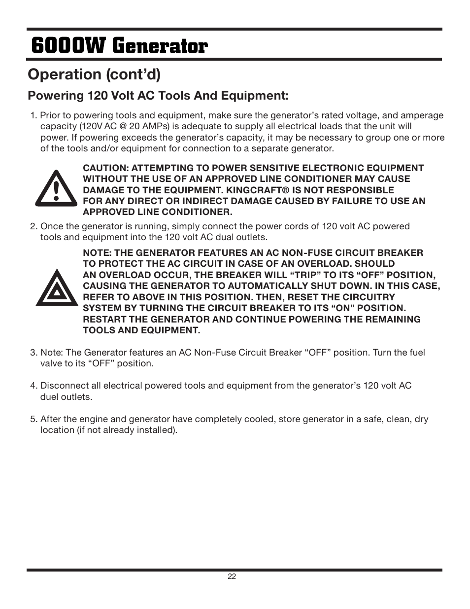 Operation (cont’d), Powering 120 volt ac tools and equipment | Steele Products SP-GG600 User Manual | Page 22 / 48