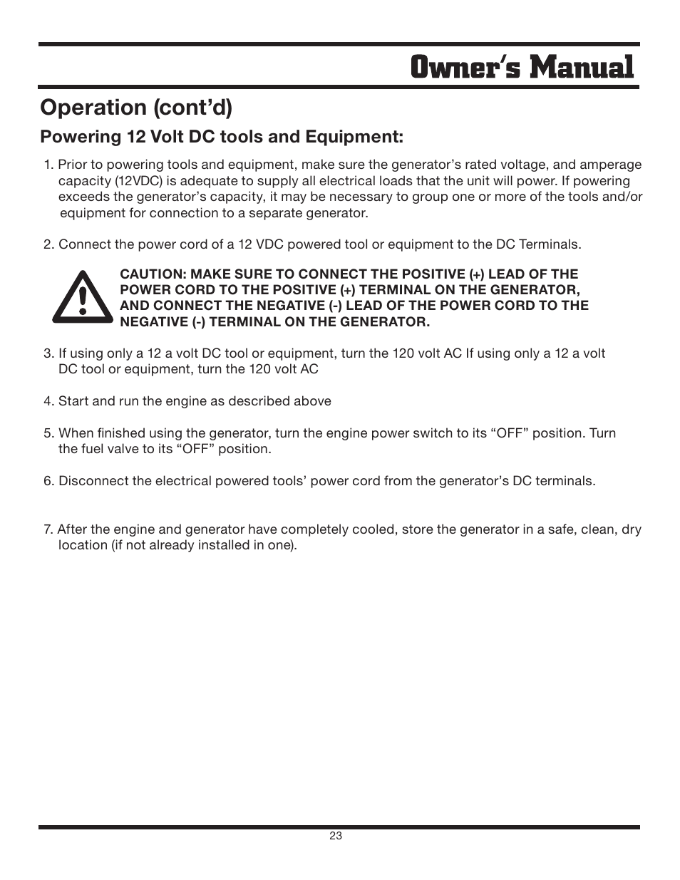 Operation (cont’d), Powering 12 volt dc tools and equipment | Steele Products SP-GG600 User Manual | Page 23 / 48