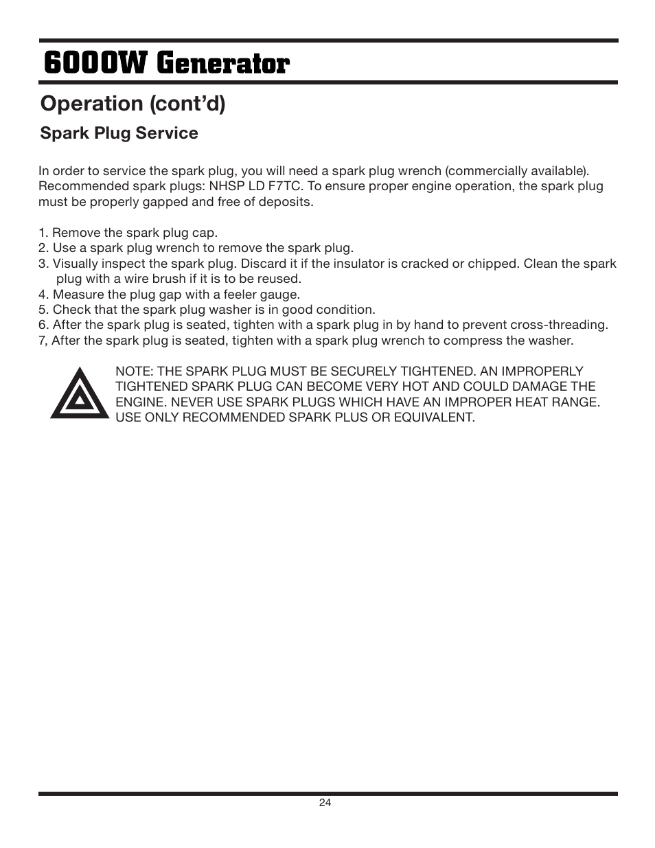 Operation (cont’d), Spark plug service | Steele Products SP-GG600 User Manual | Page 24 / 48