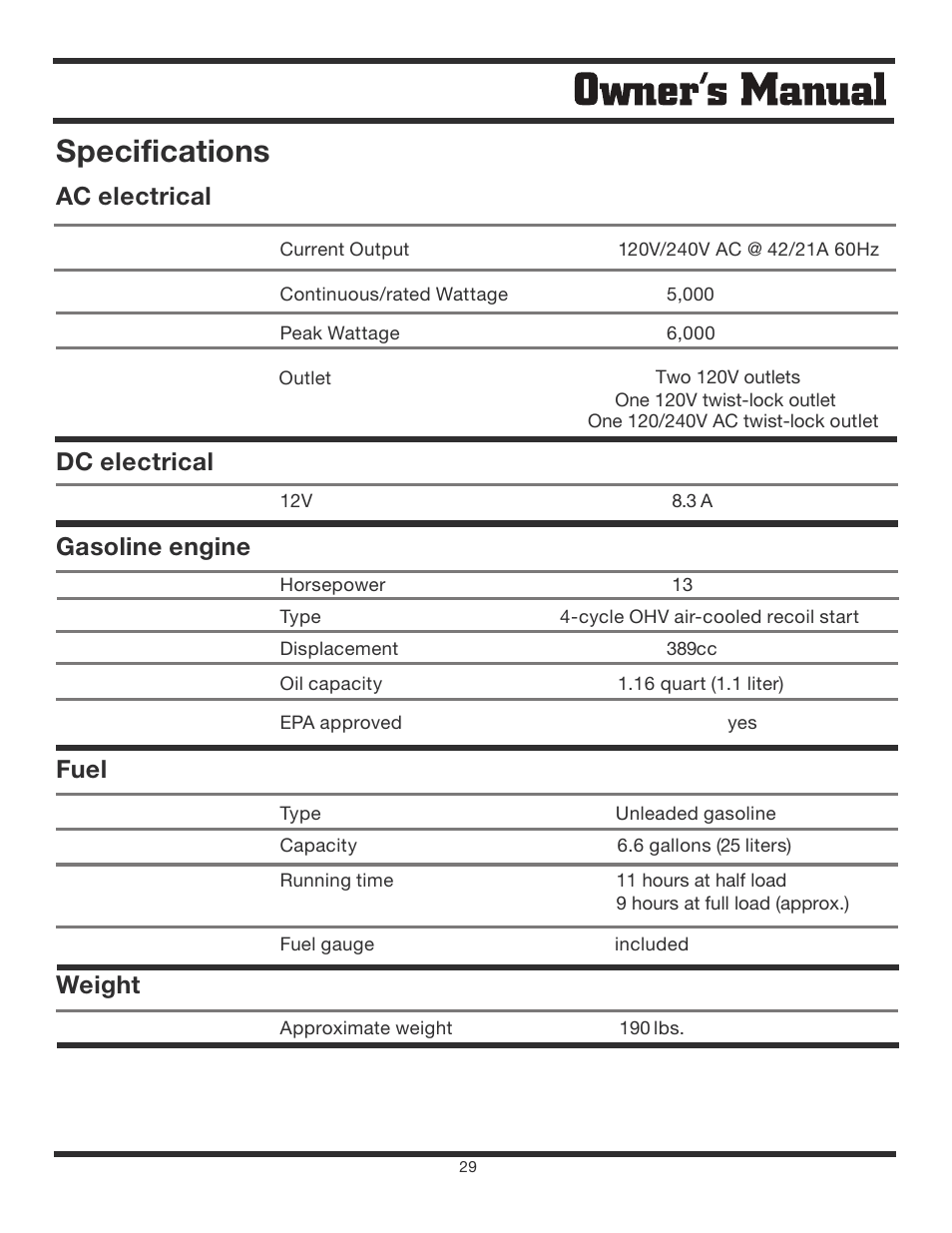 Specifications, Ac electrical dc electrical, Gasoline engine fuel | Weight | Steele Products SP-GG600 User Manual | Page 29 / 48