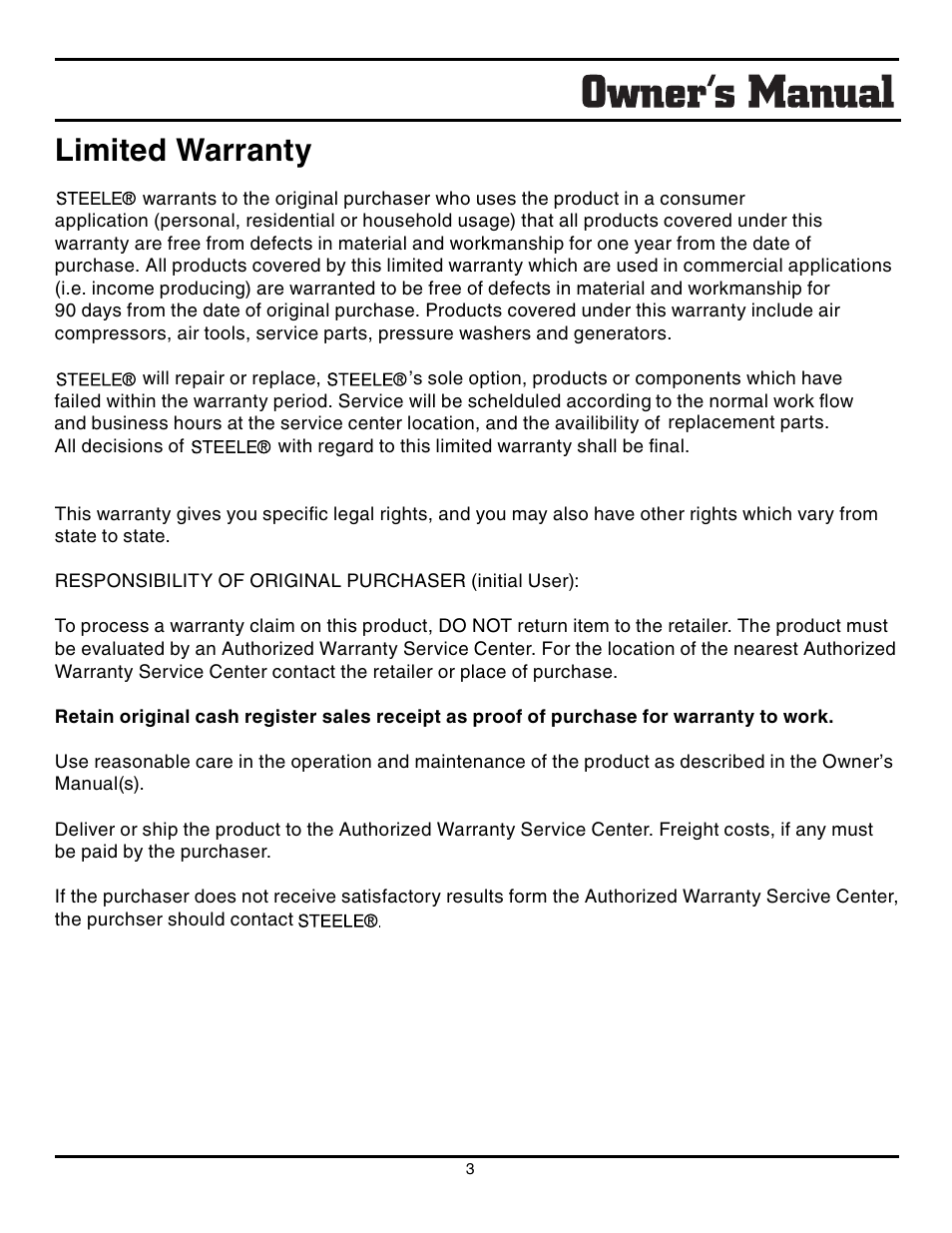 Limited warranty | Steele Products SP-GG600 User Manual | Page 3 / 48